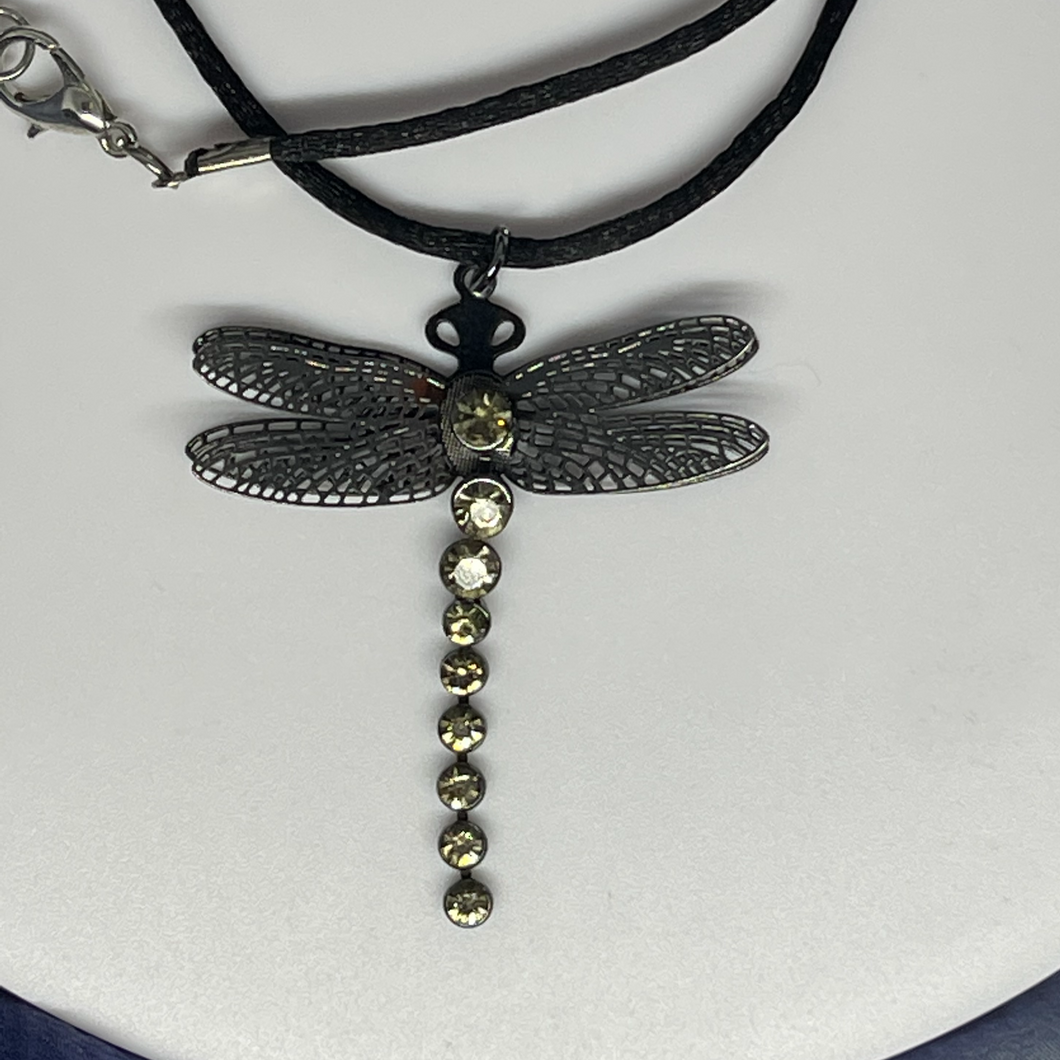 Dragonfly pendant necklace with black silky rope (15 inches)