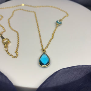 Lucky Evil Eye, Light Blue Drop Pendant, Gold Color Necklace