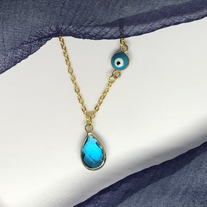 Lucky Evil Eye, Light Blue Drop Pendant, Gold Color Necklace