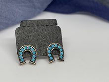Load image into Gallery viewer, 925 Silver Rose Horseshoe Shaped Blue Beaded Stud Earrings