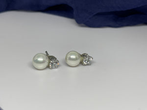 925 Silver Pearl and Transparent Gem Stud Earrings