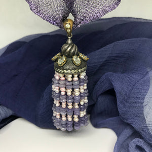 Vintage Ottoman Style Unique Necklace, Ametist and Fresh Water Pearl with purple flexible and adjustable band