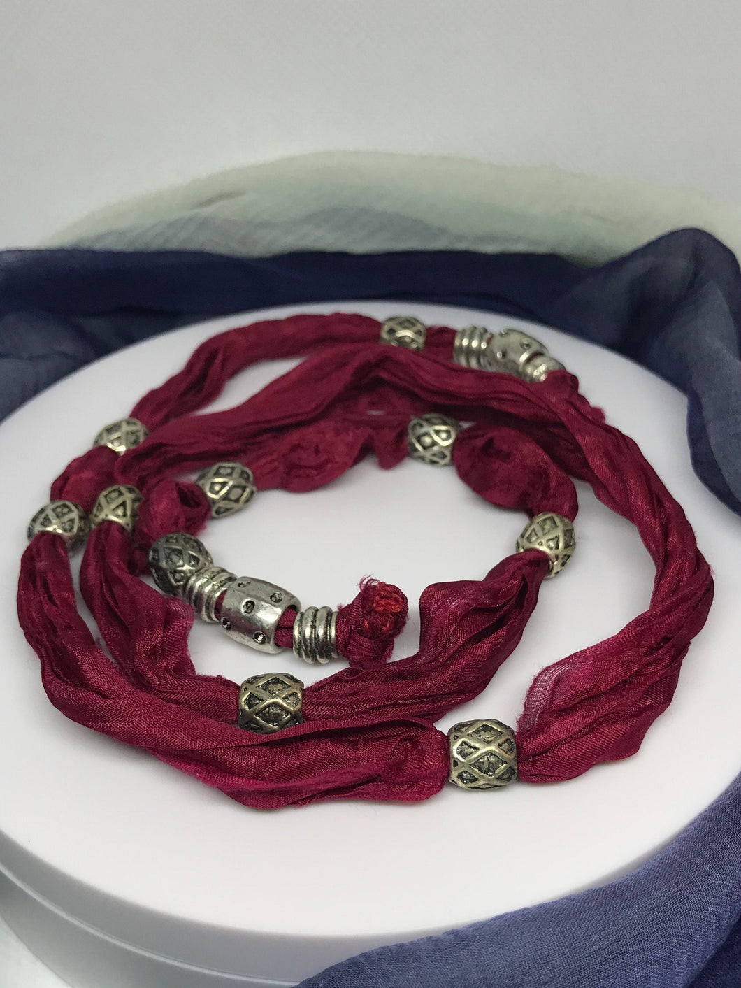 Handmade Silk Fabric, Metal Beaded Red Necklace or Bracelet ( 26 inches)
